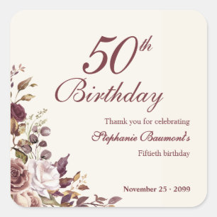 Elegante bordeauxrote Creme-Blumen zum 50. Geburts Quadratischer Aufkleber