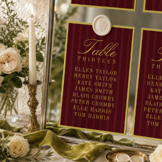 Elegante bordeauxrote gestreifte Hochzeitssitzordn Tischnummer
