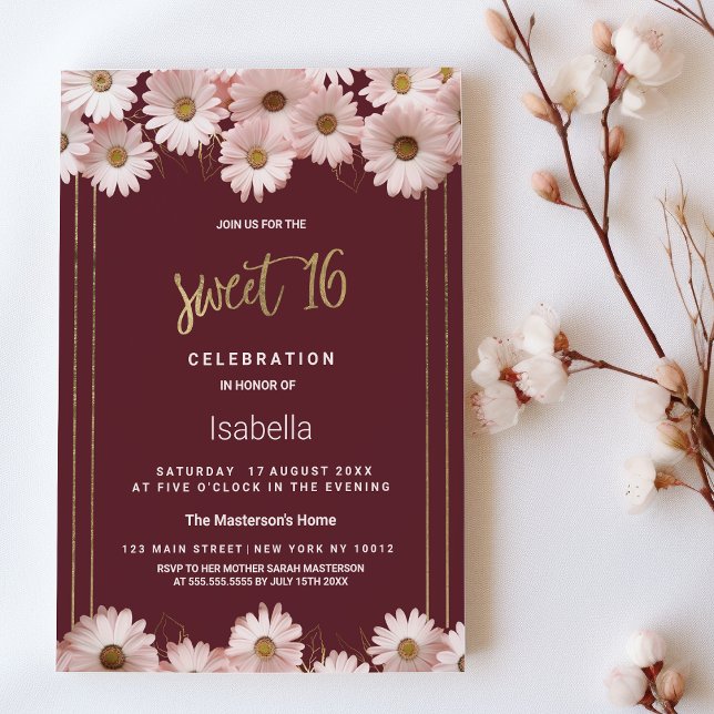 Elegante bordeauxrote goldene Blume Süß 16 Einladung (Elegant burgundy pink gold daisy flowers Sweet 16)