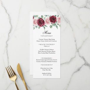 Elegante bordeauxrote Rosen-Aquarell-Botanik-Hochz Menükarte