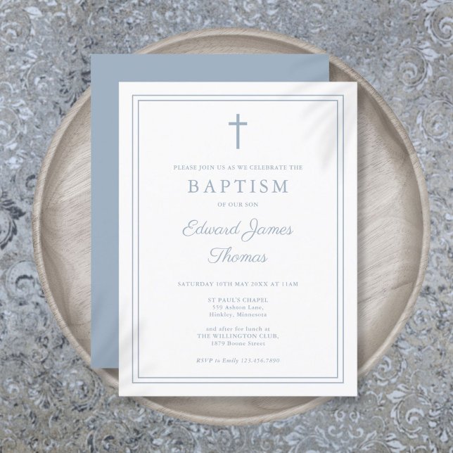 Elégante Bordure Bleue Dusty Baptême Invitation (Elegant Dusty Blue Border Baptism Invitation Postcard)