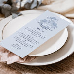 Elegante Botanical Dusty Blue Wedding Menu Card Einladung<br><div class="desc">Dieses elegante Hochzeitsmenü bietet einen hellblauen Hintergrund mit handgezeichneter Blumendarstellung und Vintag inspiriert Typografie in staubblauen Tönen. Die Rückseite der Karte ist dieselbe Farbe. Dieses Design wäre eine fabelhafte Wahl für eine Hochzeit zu jeder Jahreszeit. Sehen Sie sich die Sammlung für die Koordination von Artikeln!</div>