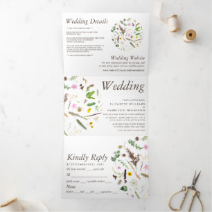 Elegante Botanical Wild Blume Wedding Suite Dreifach Gefaltete Einladung