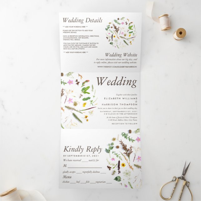 Elegante Botanical Wild Blume Wedding Suite Dreifach Gefaltete Einladung (Innenseite)