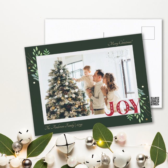Elégante Botanique Noël Famille Photo Joy Carte Po (Elegant Botanical Xmas Family Photo Joy Postcard)