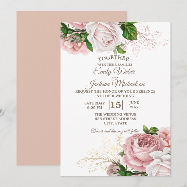 Elegante botanisch-rosa Rose Weiße Hochzeit Einladung (Vorne/Hinten)