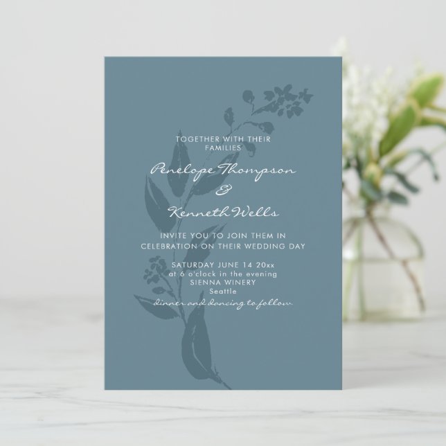 Elegante Botanische Aquamarine Blaue Silhouette Ho Einladung (Stehend Vorderseite)