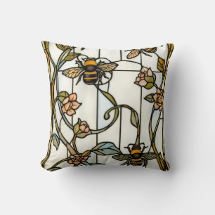 Elegante botanische Art-Nouveau-Bienenglasmalerei Kissen