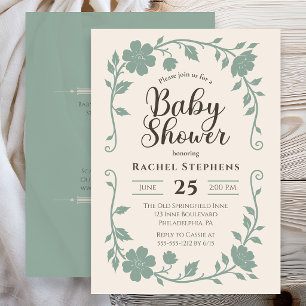 Elegante botanische Babyparty Neutraler Salbei Einladung