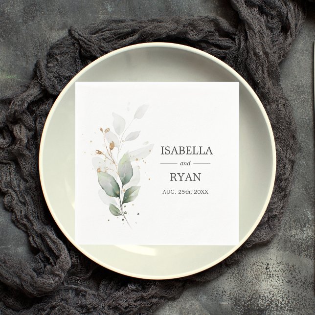 Elegante botanische Blätter Grüne Hochzeit Gold Serviette (Von Creator hochgeladen)