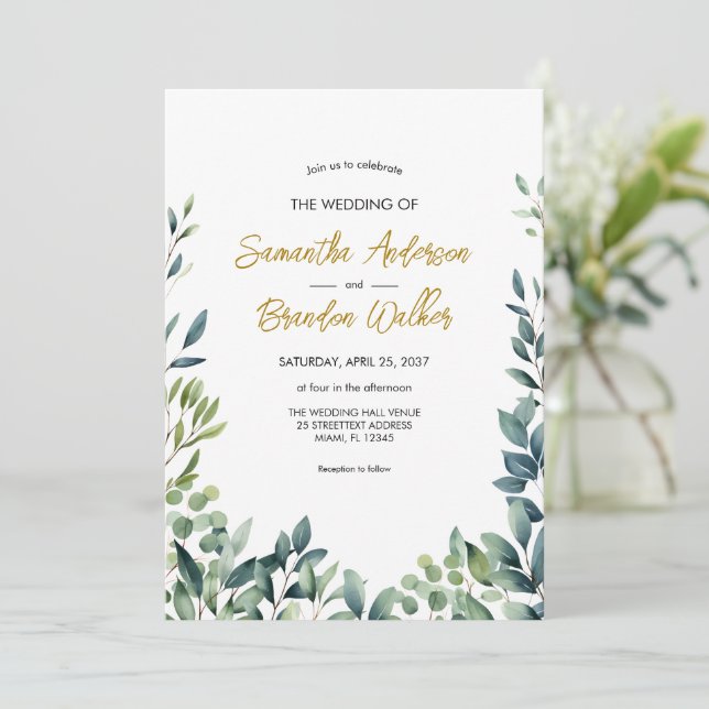 Elegante botanische Blätter Hochzeit Einladung (Stehend Vorderseite)