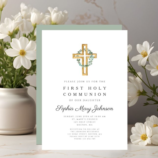 Elegante botanische Blätter kreuzen Erste Kommune Einladung (Elegant Botanical Leaves Cross First Communion Invitation)