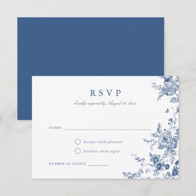 Elegante botanische blaue RSVP-Karte für die Botan Einladung (Vorne/Hinten)