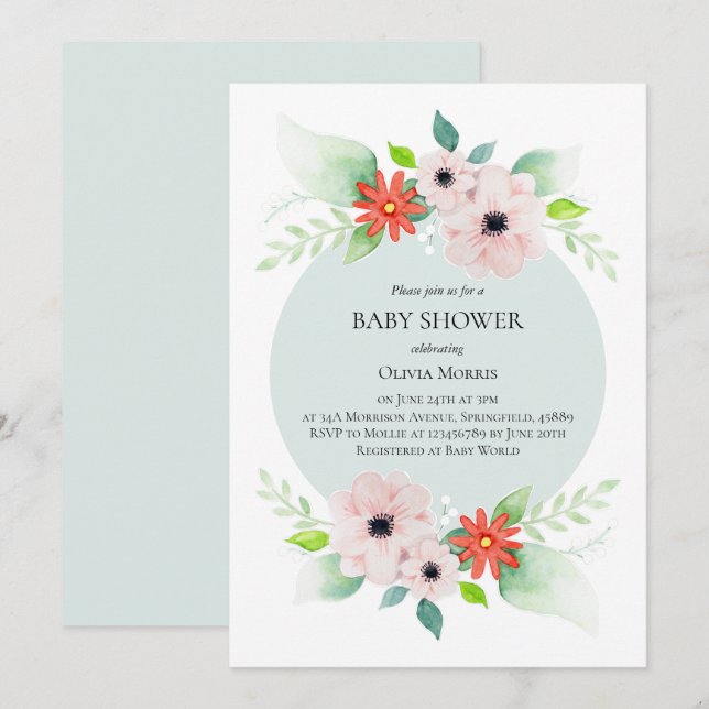 Elegante botanische Blume Babydusche Einladung (Vorne/Hinten)