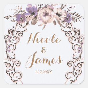 Elegante botanische Blumenhochzeit in Lila Creme Quadratischer Aufkleber