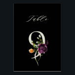 Elegante botanische Blütennummer 9, schwarz Tischnummer<br><div class="desc">HINTERGRUNDFARBE ÄNDERN | Diese Tischnummer hat eine hellgrüne Zahl mit Aquarellbildern von Blume und Blätter in lila,  orange und grün. Diese Tischnummer ist ideal für Hochzeiten,  Abschlüsse,  Babyduschen,  Brautpartys,  Jubiläen und andere Veranstaltungen. Tabelle 9. Bitte Karo alle verfügbaren Nummern.</div>
