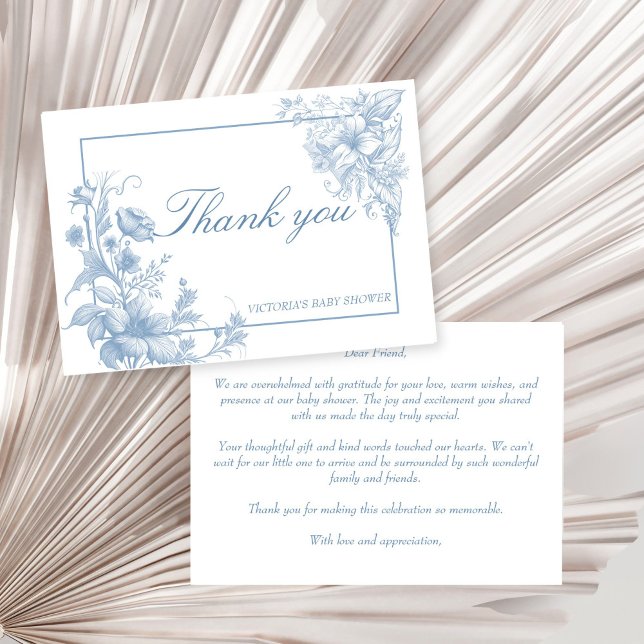 Elegante botanische Dusche aus staubblauer Babydus Dankeskarte (Elegant French toile botanical dusty blue baby shower thank you card boy baby shower thank you cards)