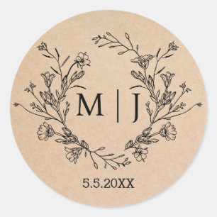 elegante botanische, einfache monogramm-Hochzeitsk Runder Aufkleber