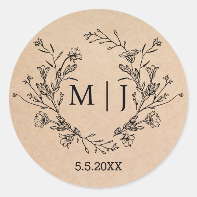 elegante botanische, einfache monogramm-Hochzeitsk Runder Aufkleber (Vorderseite)