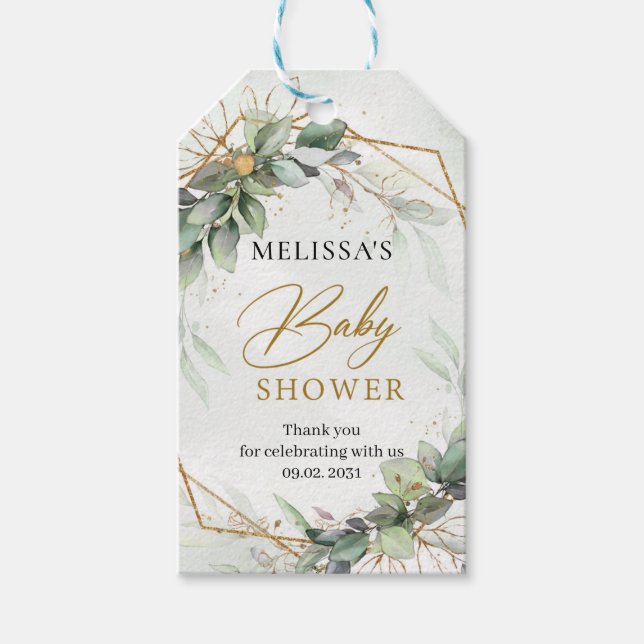 Elegante botanische Eukalyptus-Babydusche Geschenkanhänger (Vorderseite)