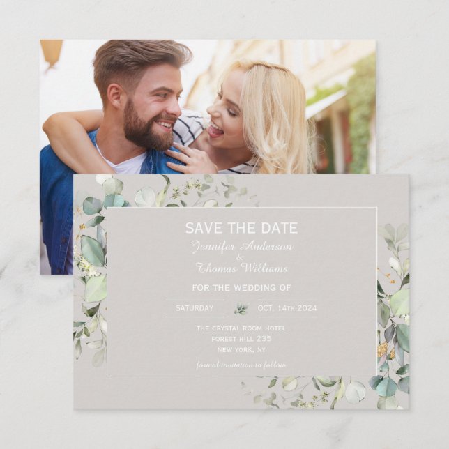 Elegante Botanische Eukalyptus-Perchment-Farbe Save The Date (Vorne/Hinten)