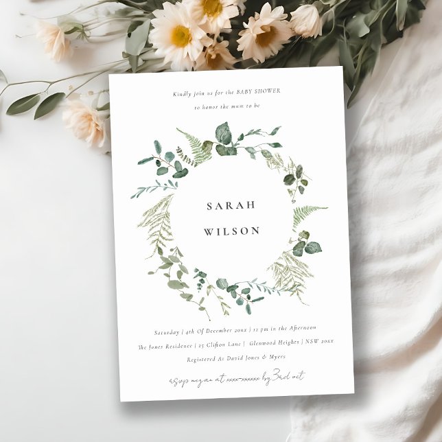Elegante botanische Eukalyptus Wreath Baby Shower Einladung (Von Creator hochgeladen)