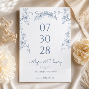Elegante botanische florale staubblaue Hochzeit Save The Date