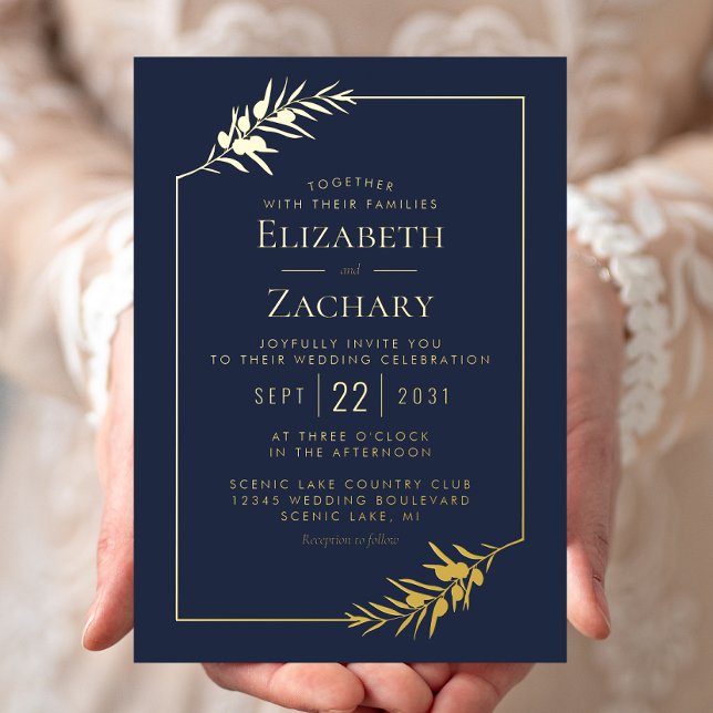 Elegante Botanische Grenz Gold Navy Blue Wedding Folieneinladung (Von Creator hochgeladen)