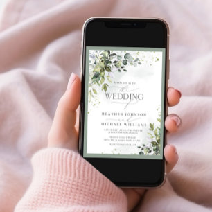 Elegante Botanische Grüne Wasserfarbenhochzeit Einladung