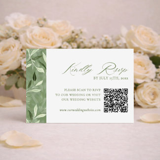 Elegante Botanische Hochzeit in Salbeigrün QR-Code RSVP Karte