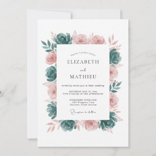 Elegante botanische Hochzeit in Türkis und Rosé Einladung