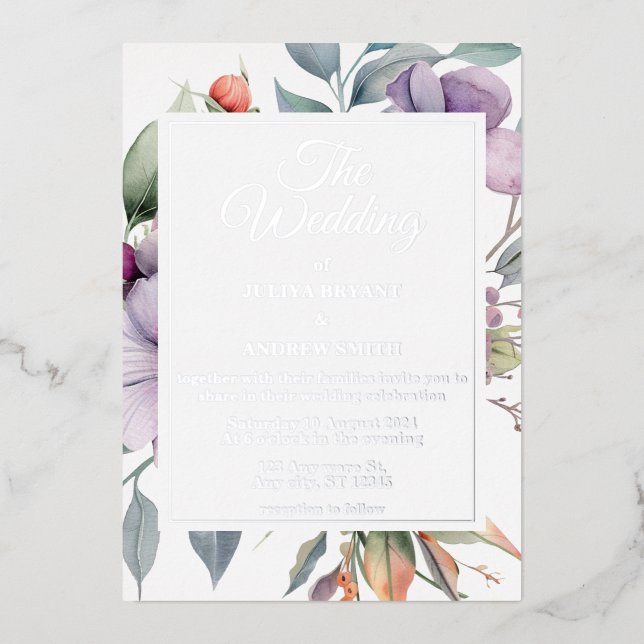 Elegante botanische Hochzeit mit Blumen Folieneinladung (Vorderseite)