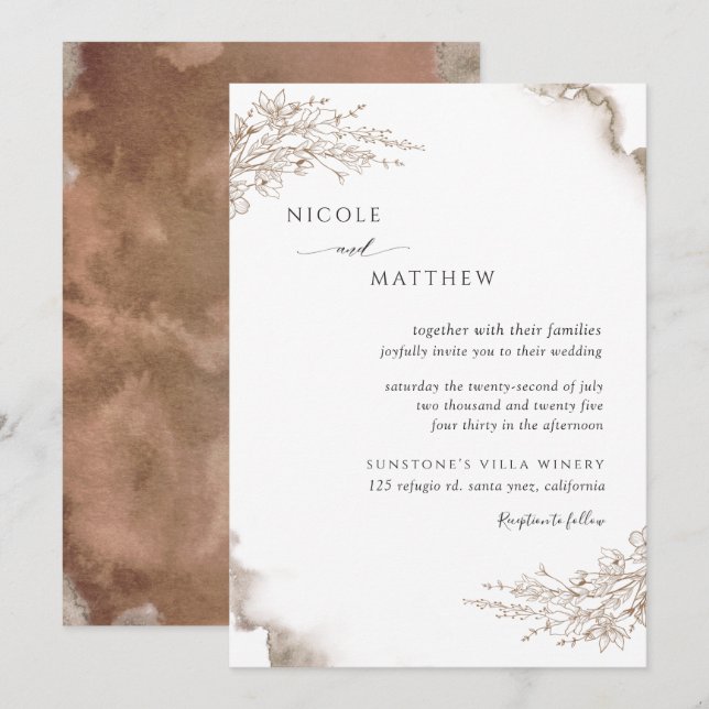 Elegante Botanische Hochzeit mit erdigen Tönen Einladung (Vorne/Hinten)