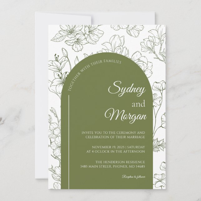 Elegante botanische Hochzeit mit floraler Schrift Einladung (Vorderseite)