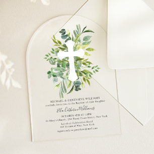 Elegante Botanische Kreuz-Taufe Acryleinladungen