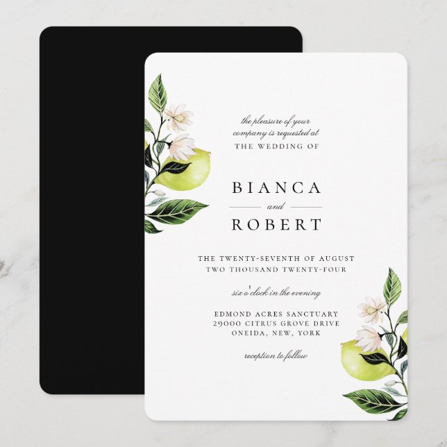 Elegante botanische Lemons Einladung zur Hochzeit (Vorne/Hinten)