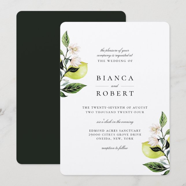 Elegante botanische Lemons Einladung zur Hochzeit (Vorne/Hinten)