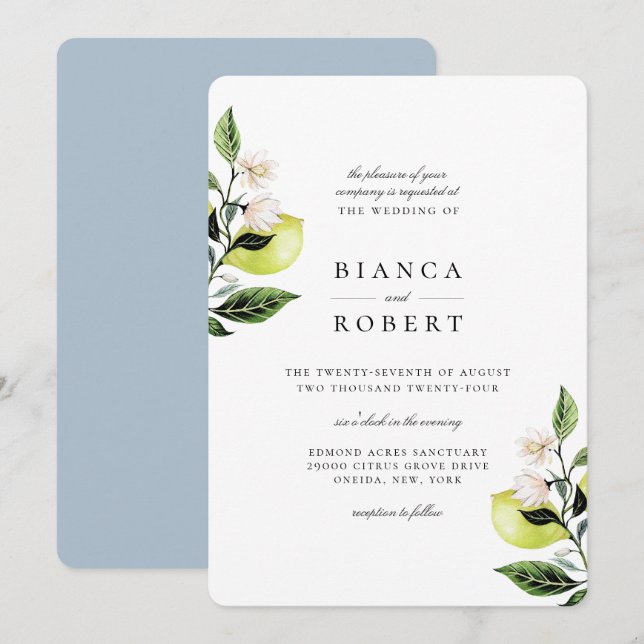 Elegante Botanische Lemons Hochzeit Einladung (Vorne/Hinten)