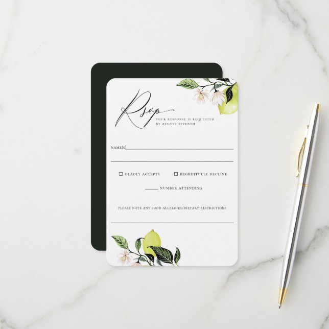 Elegante botanische Lemons Wedding Food Allergy UA RSVP Karte (Vorderseite/Rückseite Beispiel)