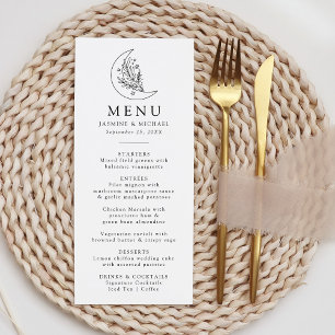 Elegante botanische Mond- und Sternhochzeit Menükarte
