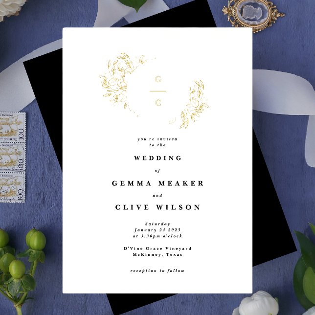 Elegante Botanische Mongram Wreath Wedding Einladu Folieneinladung (Von Creator hochgeladen)