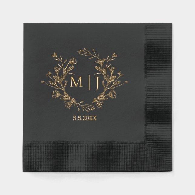 elegante botanische Monogramm-Goldhochzeit Servietten Mit Folie (Vorderseite)