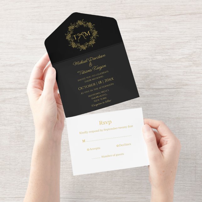 elegante botanische Monogramm Hochzeitsfolie aus s All-in-One-Einladung (Abreißstreifen)