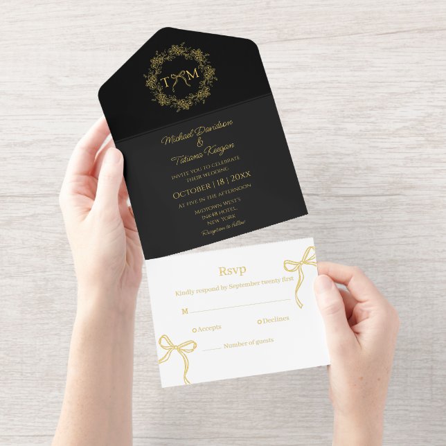 elegante botanische Monogramm-Schleifen Hochzeitgo All-in-One-Einladung (Abreißstreifen)