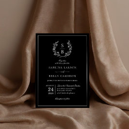 Elegante Botanische Monogramm-Wreath-Black-Hochzei Einladung