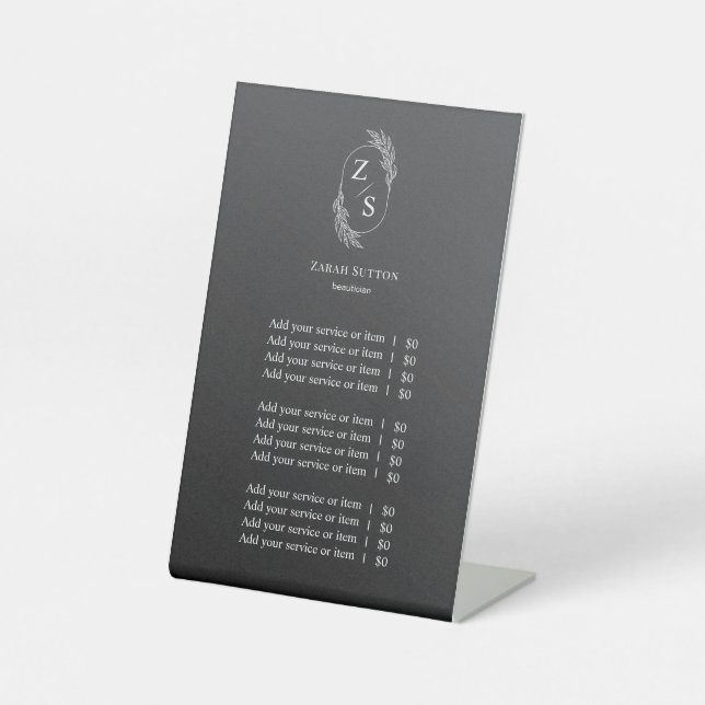 Elegante botanische Monogrammpreisliste Sockelschild (Vorderseite)