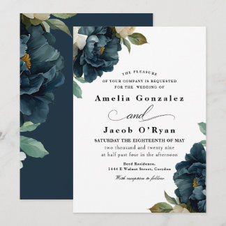 Elegante botanische navyblaue Hochzeit Einladung