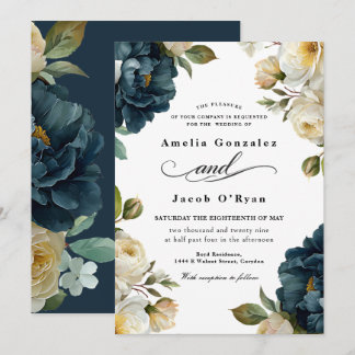 Elegante botanische navyblaue Hochzeit Einladung