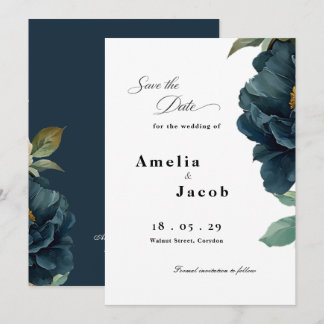 Elegante botanische navyblaue Hochzeit Save The Date