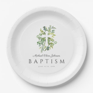 Elegante botanische religiöse Kreuz-Taufe Pappteller